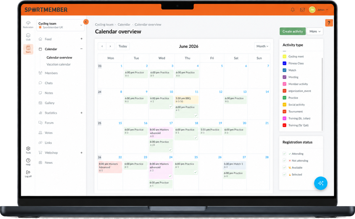 Calendar overview in SportMember on the computer with the teams’ activities for the month